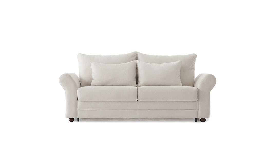 FAIRY Designer Schlafsofa im Landhausstil mit runden Armlehnen und Kissen – Frontansicht