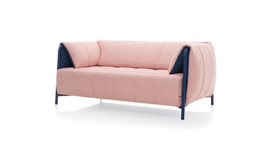 RONDO Designer Schlafsofa von EXTRAFORM in Rosa mit blauem Metallgestell – Seitenansicht