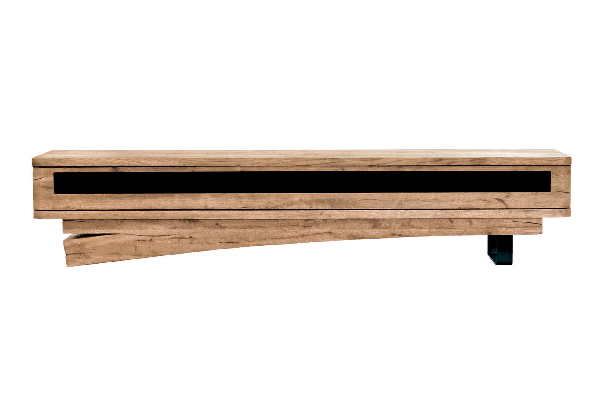TYKO TV-Lowboard auf geschwungenem Holzbalken und Metallfuß