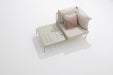 Modulares Gartensofa-Eckelement mit Couchtisch in Beige – Draufsicht mit Kissen und integriertem Beistelltisch.