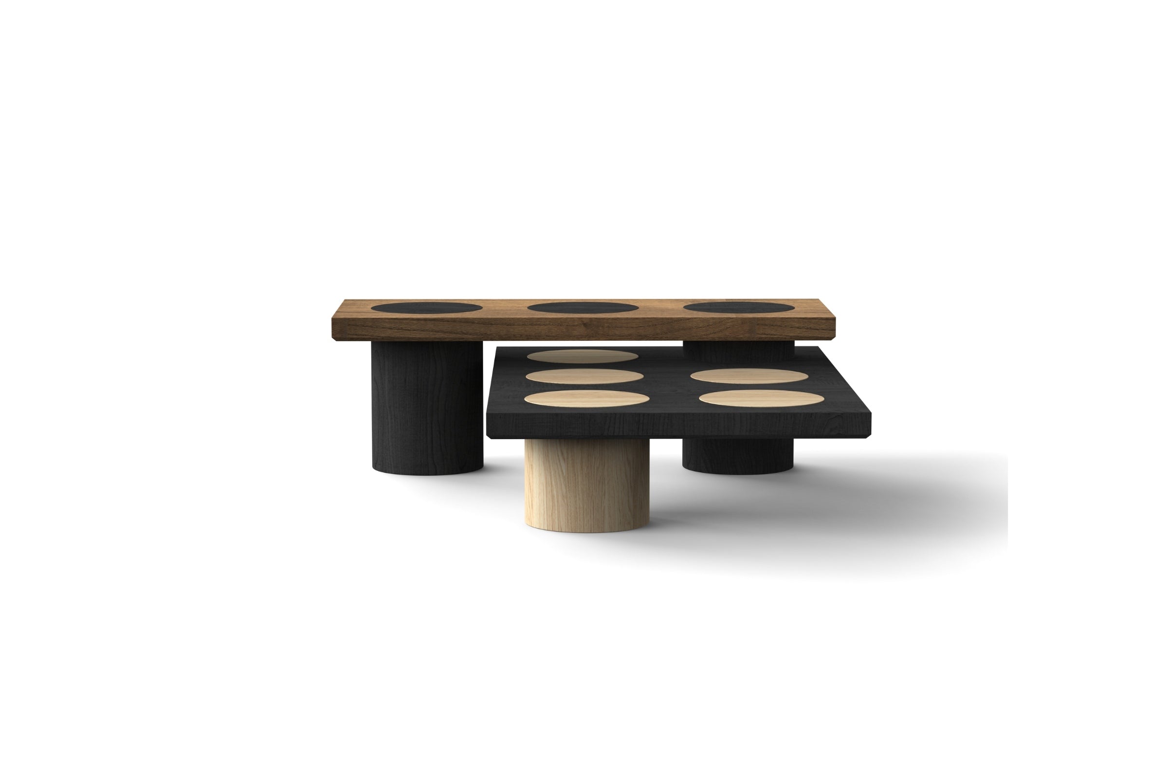 Seitenansicht des Designer Couchtischs mit kontrastierenden Holztönen