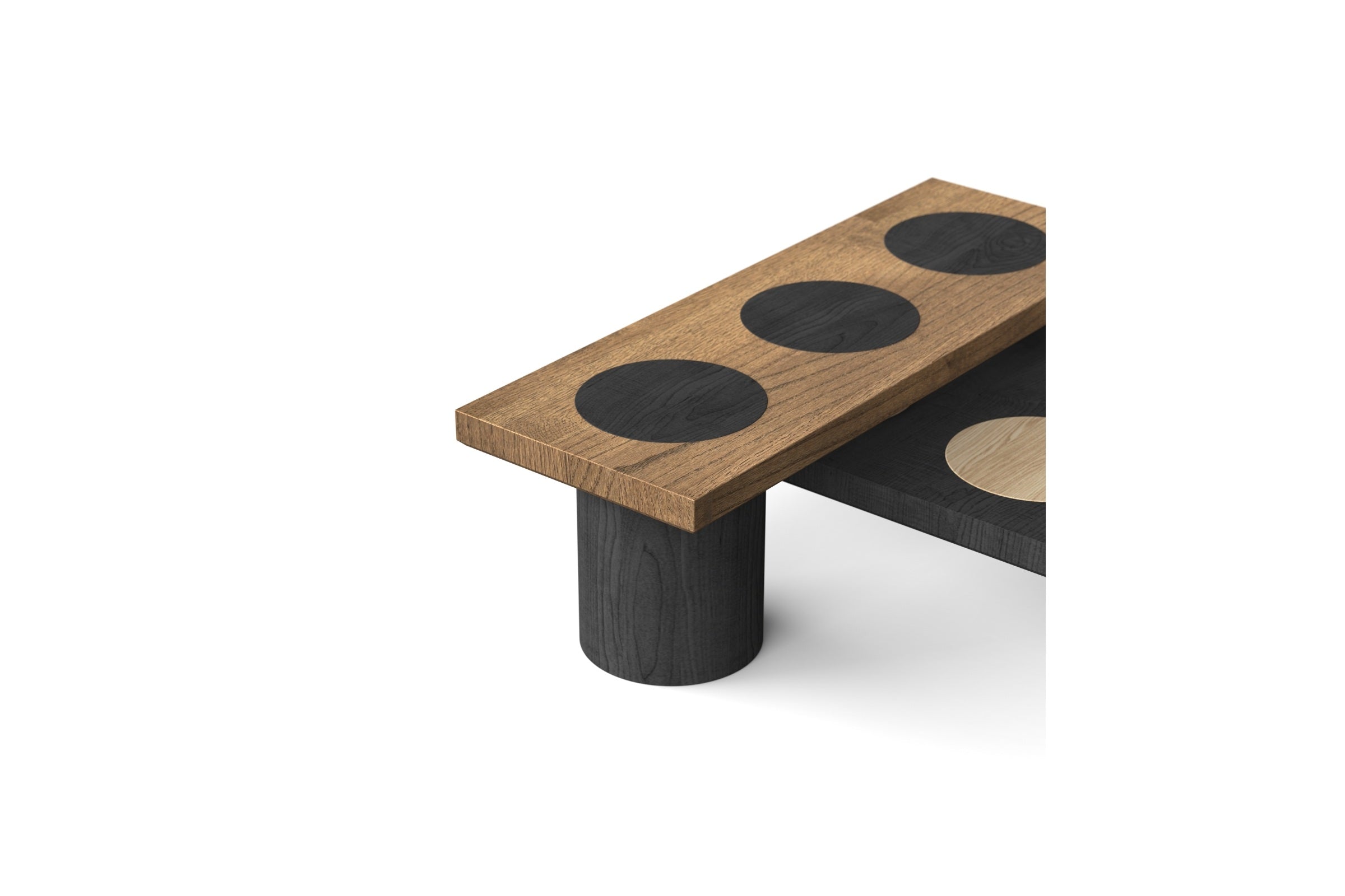 Nahaufnahme der Details des Couchtischs von Woak mit zweigeschossigem Aufbau