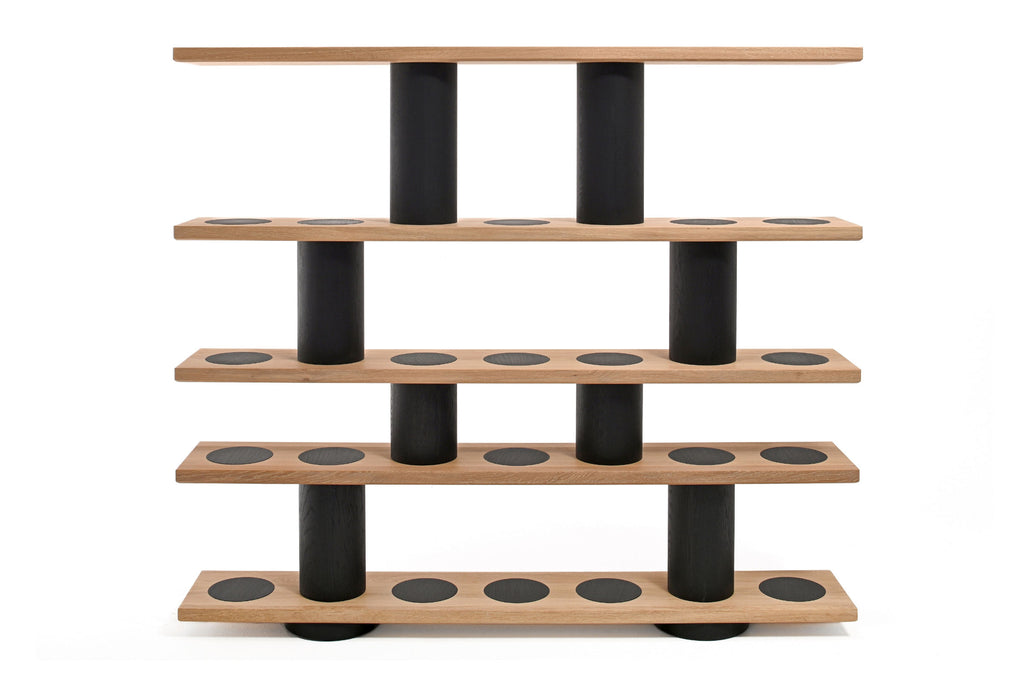 BLOK Designer Bücherregal von Woak – Frontansicht in Eiche Weiß und Schwarz