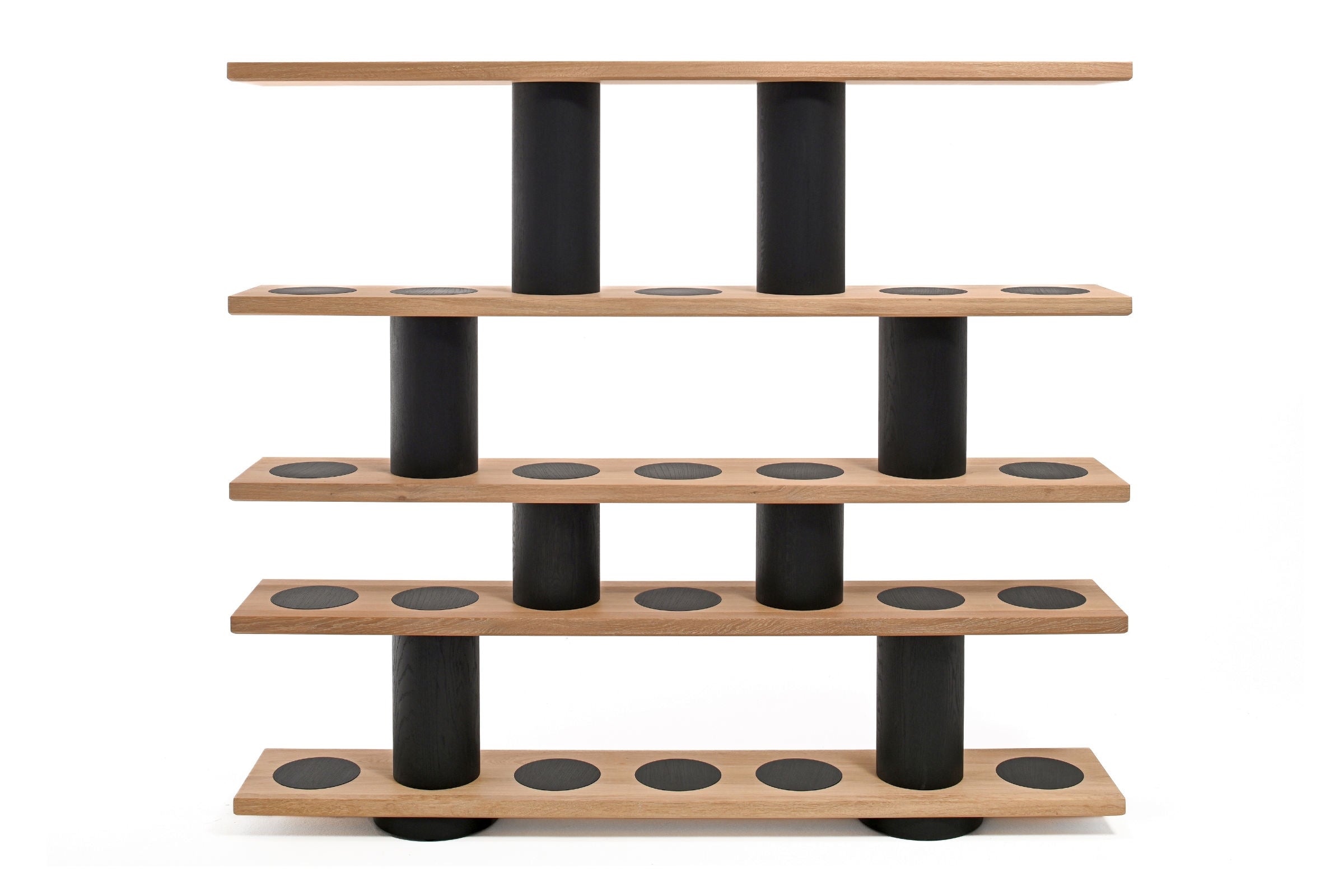 BLOK Designer Bücherregal von Woak – Frontansicht in Eiche Weiß und Schwarz