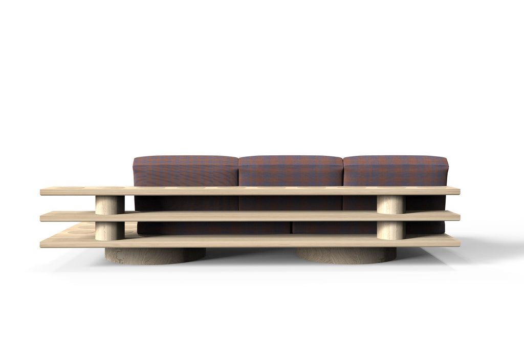 Rückansicht des BLOK Designer Sofas mit großzügigen Polstern und einer massiven Eichenholzbasis
