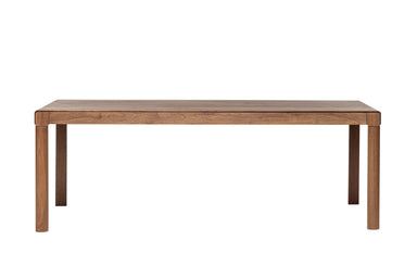 Frontalansicht des BURLY Esstisches aus Massivholz Nussbaum von Woak, mit klaren, geraden Linien und robustem Design