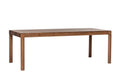 Seitliche Ansicht des BURLY Esstisches aus Massivholz Nussbaum, betont das minimalistische Design und die stabilen Tischbeine