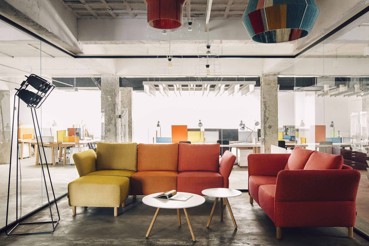 Sofa und Sessel von EXTRAFORM in farbiger Wohnlandschaft