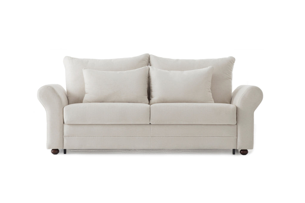 FAIRY Designer Schlafsofa mit schmaleren Armlehnen und Kissen – Landhausstil modern interpretiert