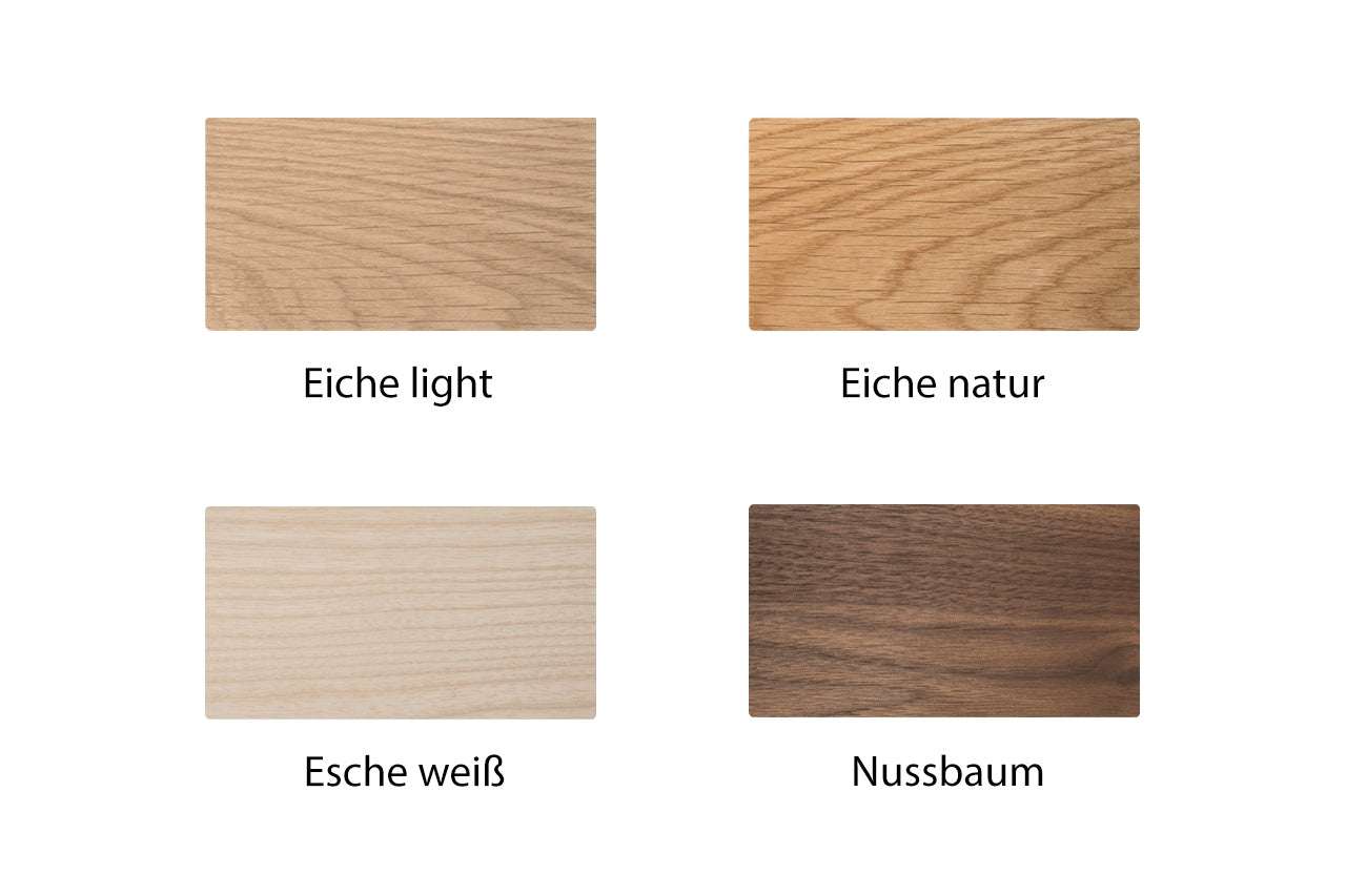 Holzvarianten von GoEs: Eiche light und natur geölt, Esche weiß geölt sowie Nussbaum natur geölt