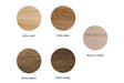 Verschiedene Holzmuster-Proben: Eiche weiß, Eiche natur, Eiche tabaco, Eiche wenge, und Buche rustikal, präsentiert als kreisförmige Muster für die Auswahl von Massivholz Esstischen