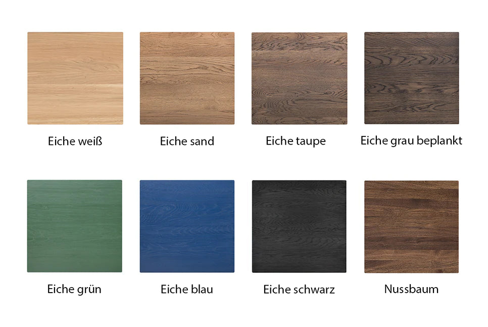 Verschiedene Holzmuster: Eiche weiß, Eiche sand, Eiche taupe, Eiche grau beplankt, Eiche grün, Eiche blau, Eiche schwarz und Nussbaum