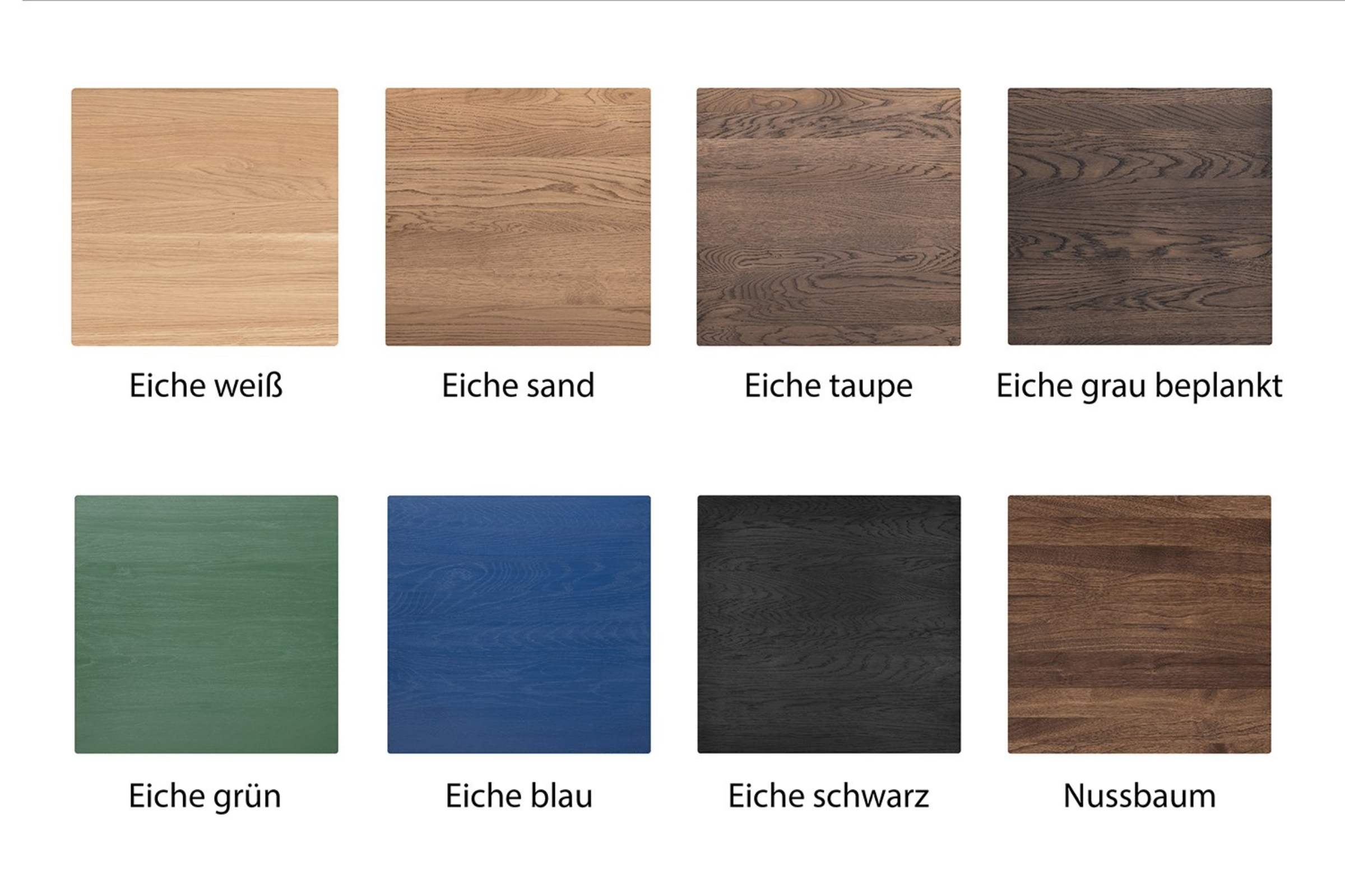 Verschiedene Holzproben mit Beschriftungen ihrer Farbvarianten: Eiche weiß, Eiche sand, Eiche taupe, Eiche grau beplankt, Nussbaum, Eiche grün, Eiche blau und Eiche schwarz