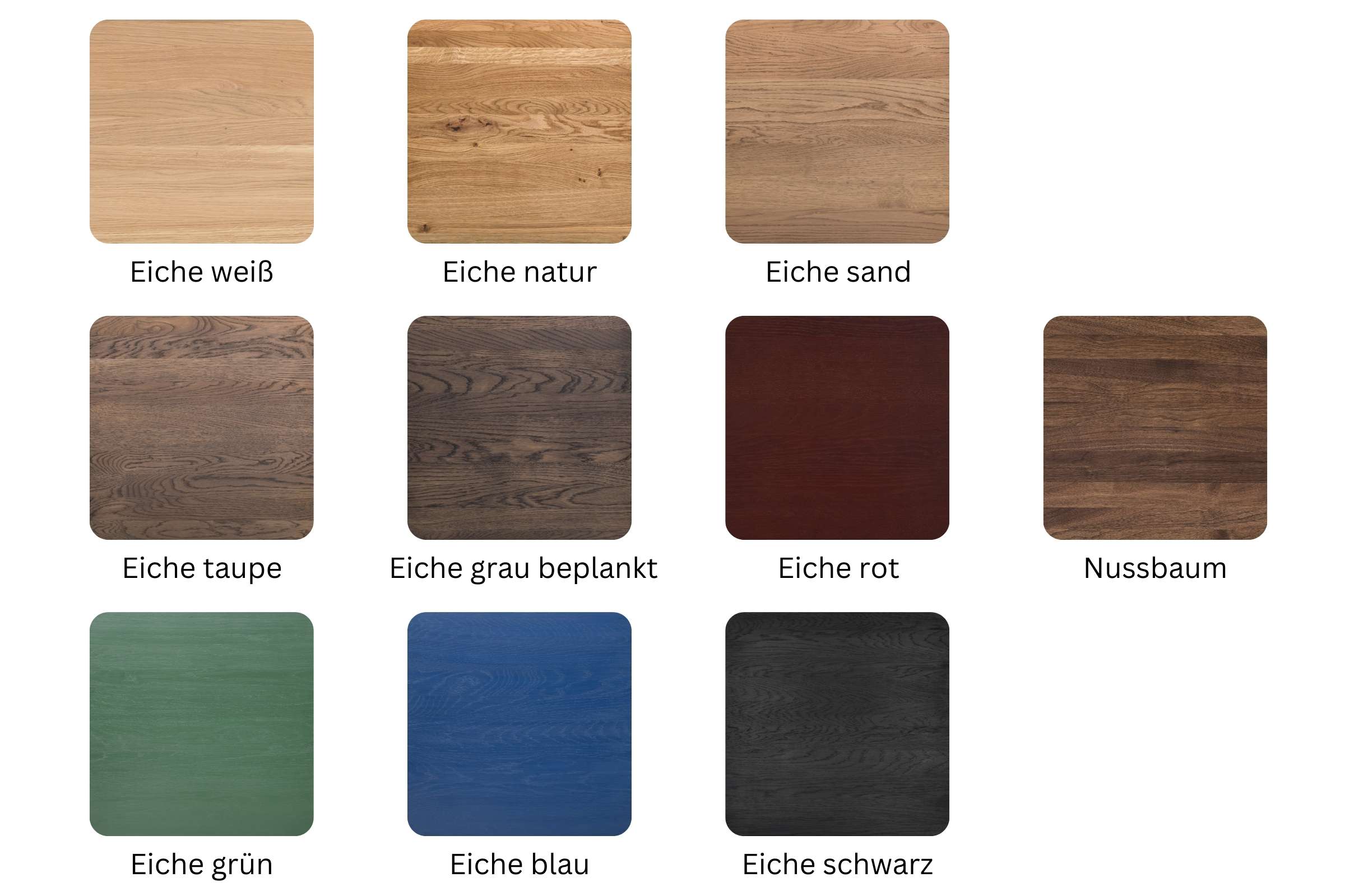 Bild mit Holzmustern: Eiche weiß, natur, sand, taupe, grau beplankt, rot, grün, blau, schwarz und Nussbaum