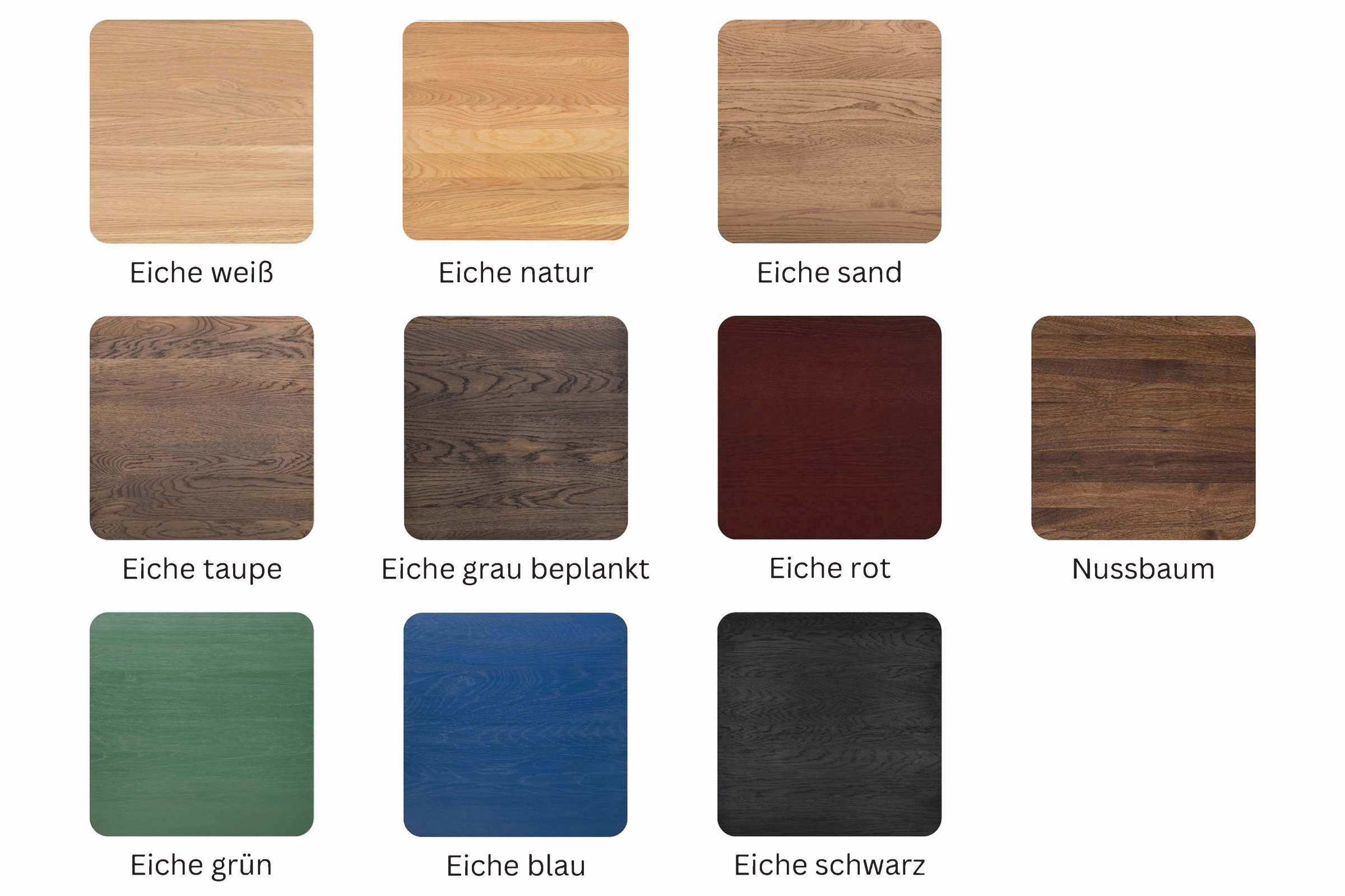 Bild mit Holzmustern: Eiche weiß, natur, sand, taupe, grau beplankt, rot, grün, blau, schwarz und Nussbaum