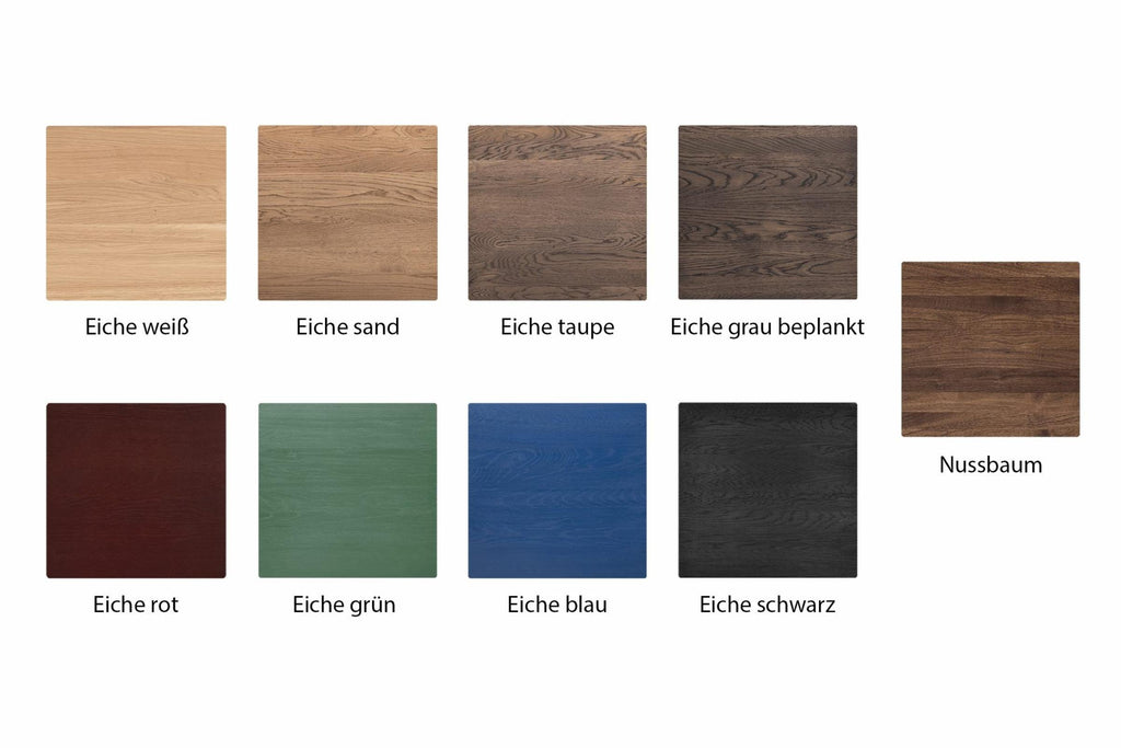 Bild mit Holzmustern: Eiche weiß, Eiche sand, Eiche taupe, Eiche grau beplankt, Eiche rot, Eiche grün, Eiche blau, Eiche schwarz, Nussbaum