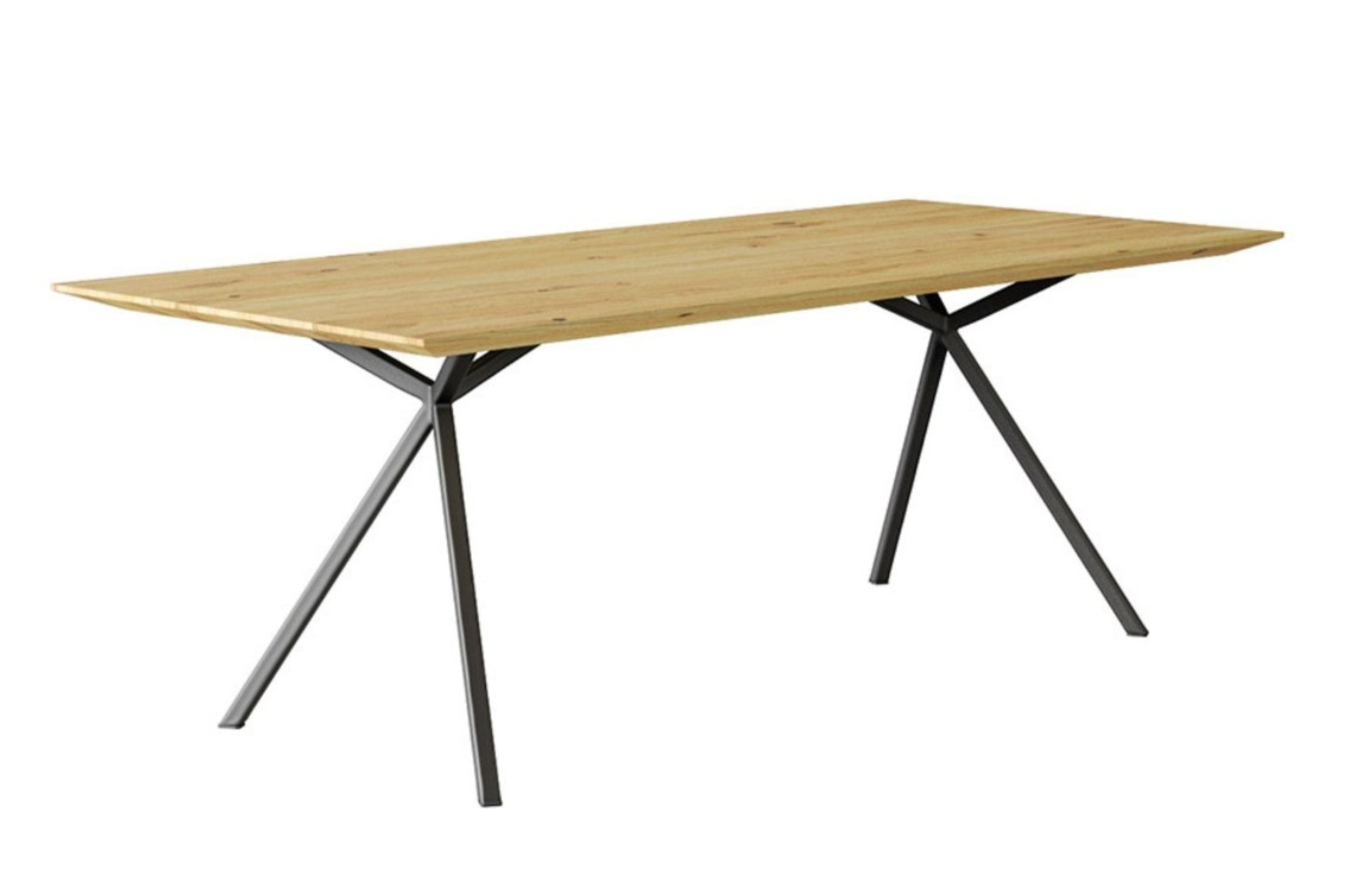 KANTIO Designer Esstisch mit einem schwarzen Metallgestell und einer Holzplatte aus Wildeiche