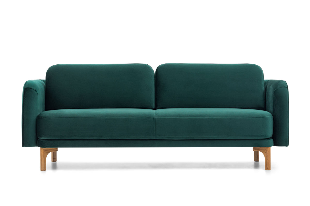 LOOP Designer 2-Sitzer Sofa von EXTRAFORM in Grün mit Holzfüßen – Frontansicht