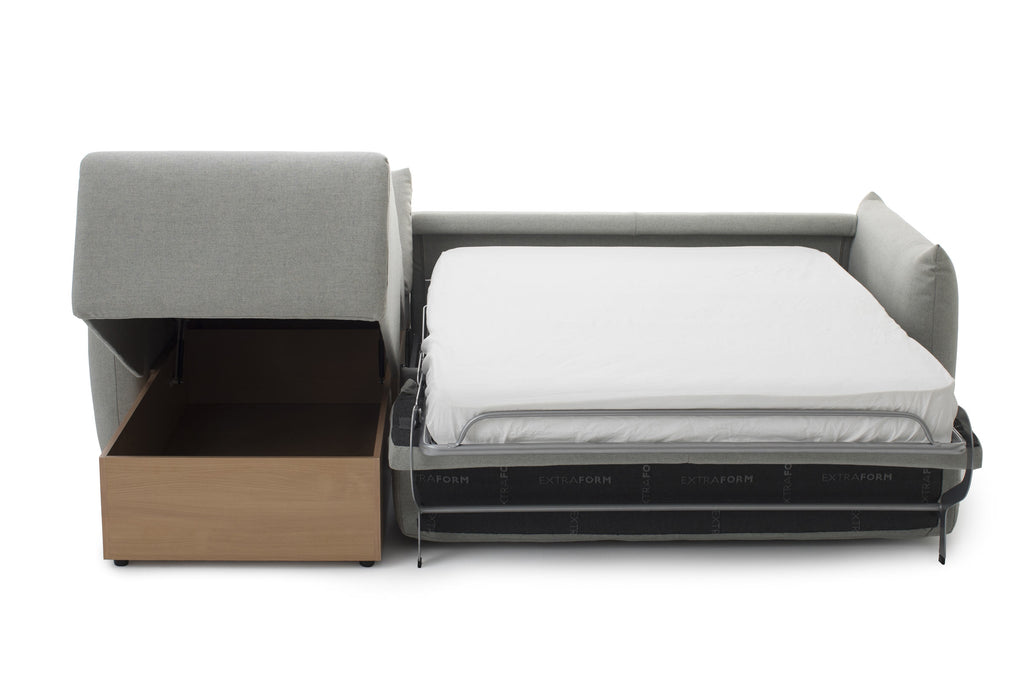 LUNA Designer Schlafsofa von EXTRAFORM mit ausgeklapptem Bett und Stauraum