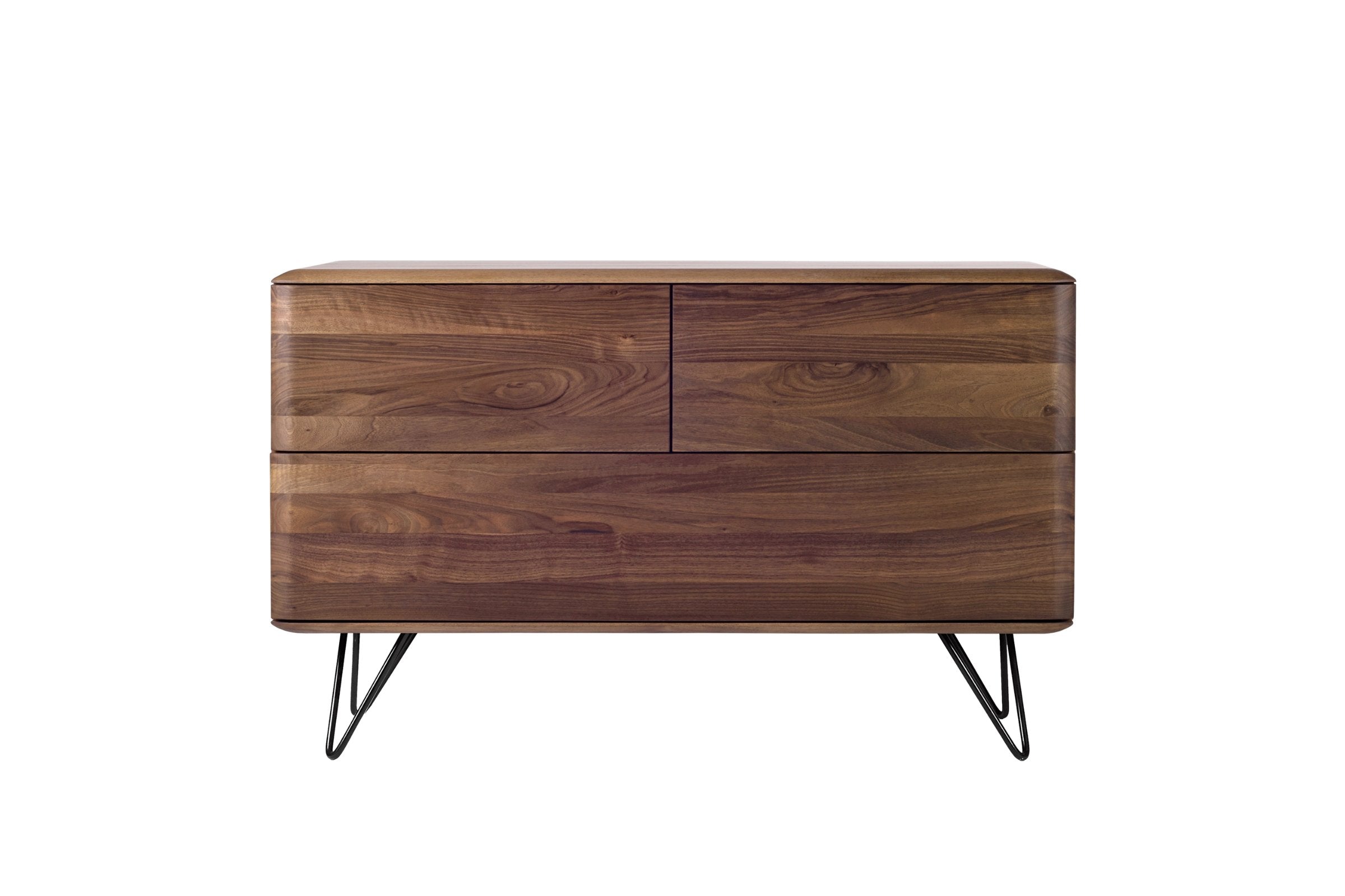 Sideboard aus Massivholz auf Metallbeinen, aus Walnussholz, Vorderansicht