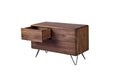 Sideboard aus Massivholz auf Metallbeinen, Schublade aus Walnussholz geöffnet
