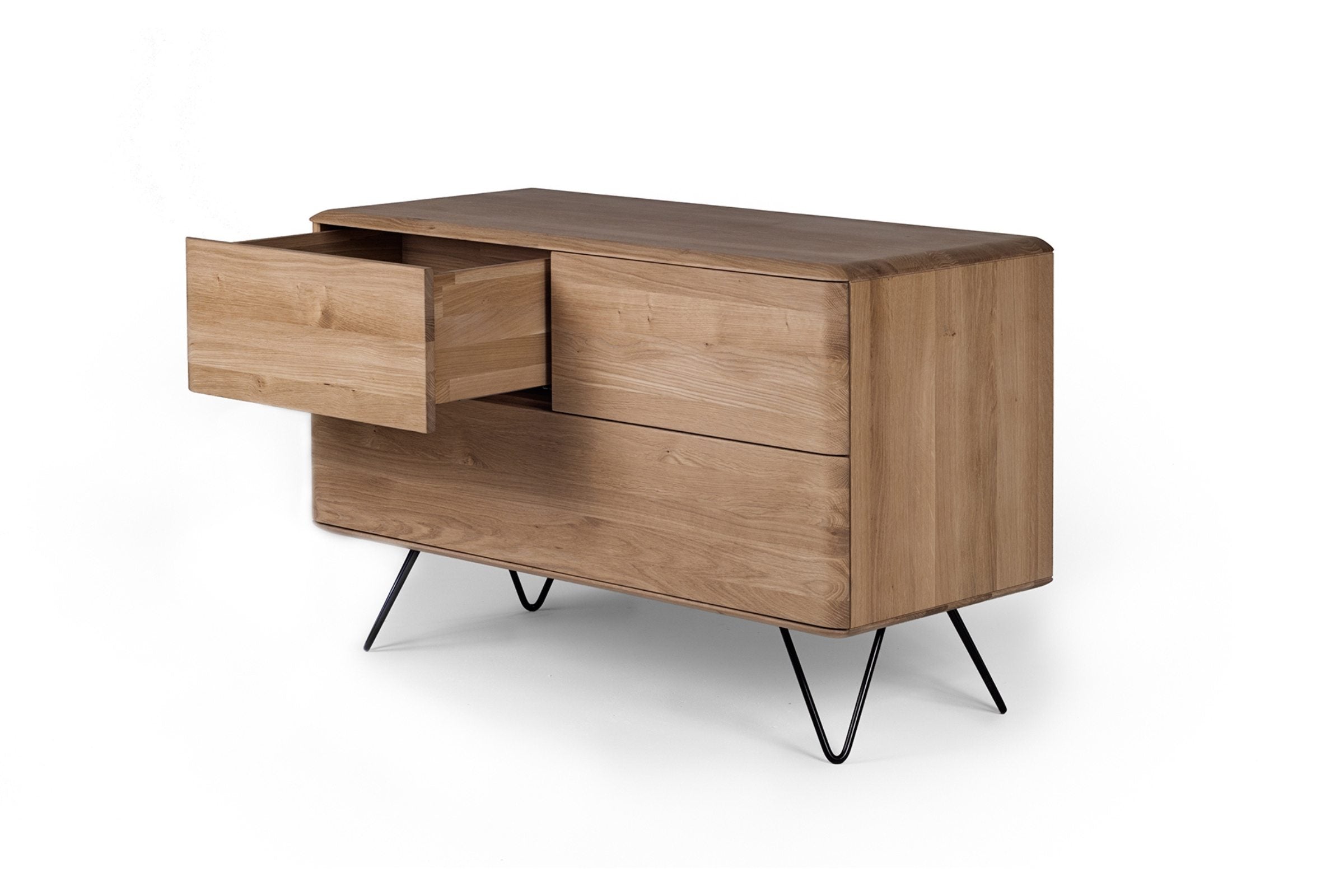 Sideboard aus Massivholz auf Metallbeinen, Schublade geöffnet