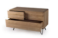 Sideboard aus Massivholz auf Metallbeinen mit zwei offenen Schubladen