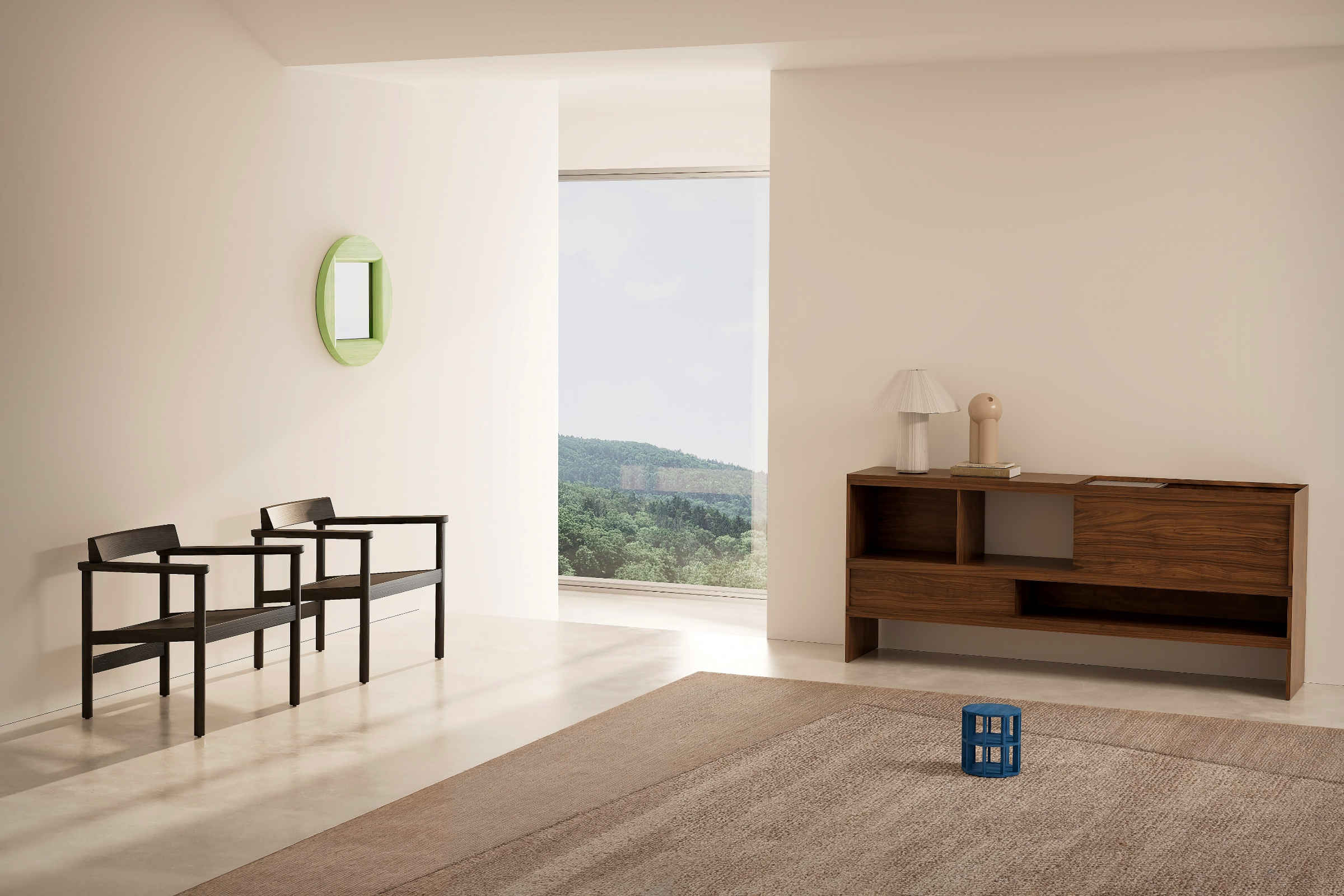 MIES-Sideboard von Woak in einem modernen Wohnraum mit zwei Stühlen und einem Wandspiegel