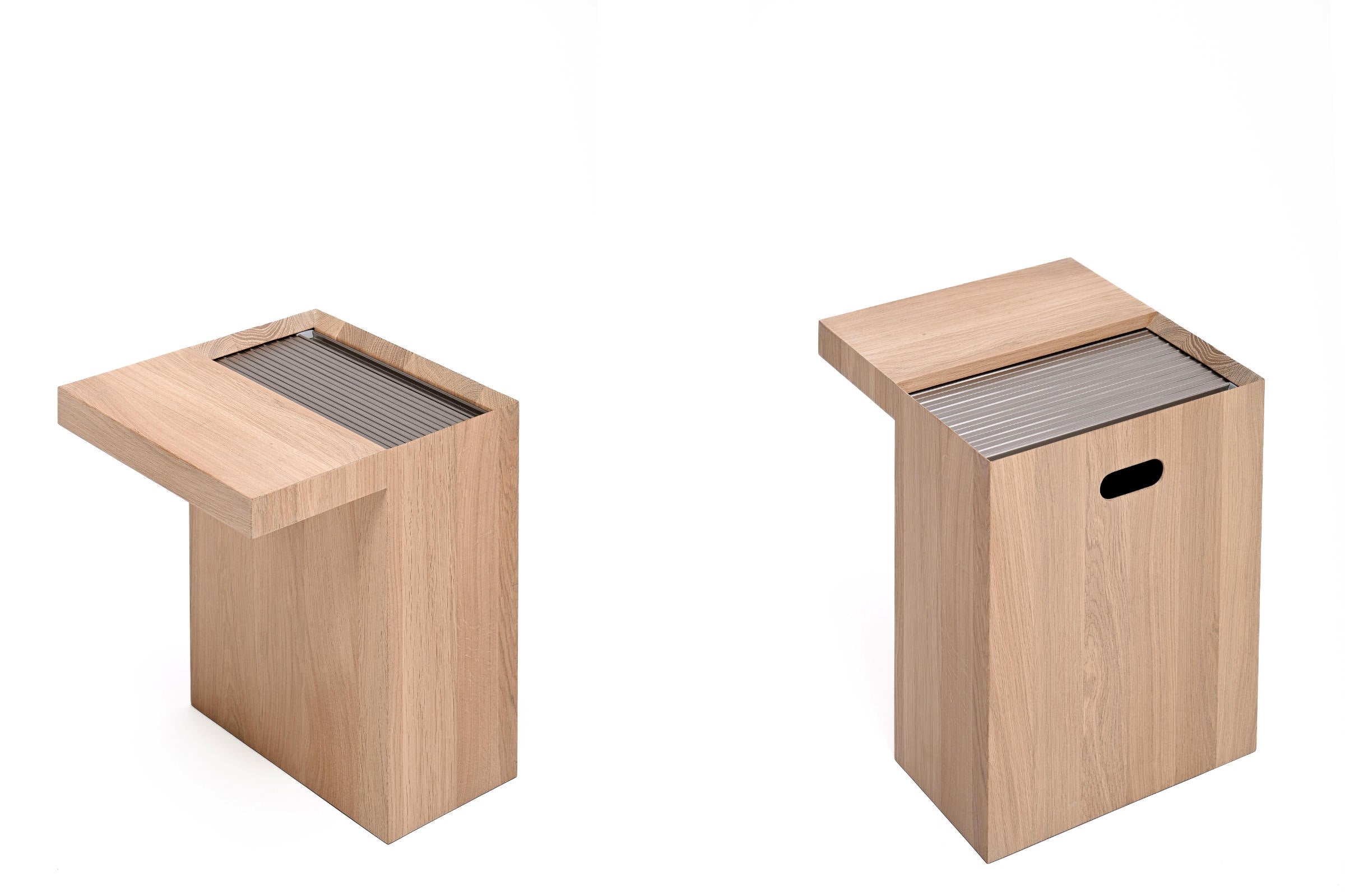 L-förmige Seitenansicht des MIOS Designer Beistelltischs mit Stauraum geöffnet