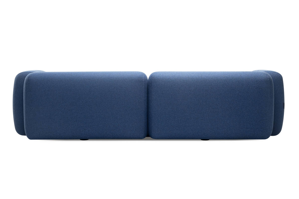 Sofa in Blau mit zwei Rückenmodulen in Rückansicht
