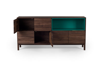 Offene Türen des RABA Designer Sideboards in Nussbaum mit Innenfächern aus MDF