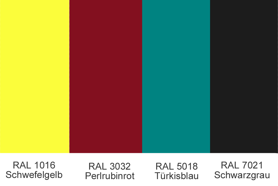 Verschiedene RAL-Farben für die Nische: Schwefelgelb, Perlrubinrot, Türkisblau und Schwarzgrau