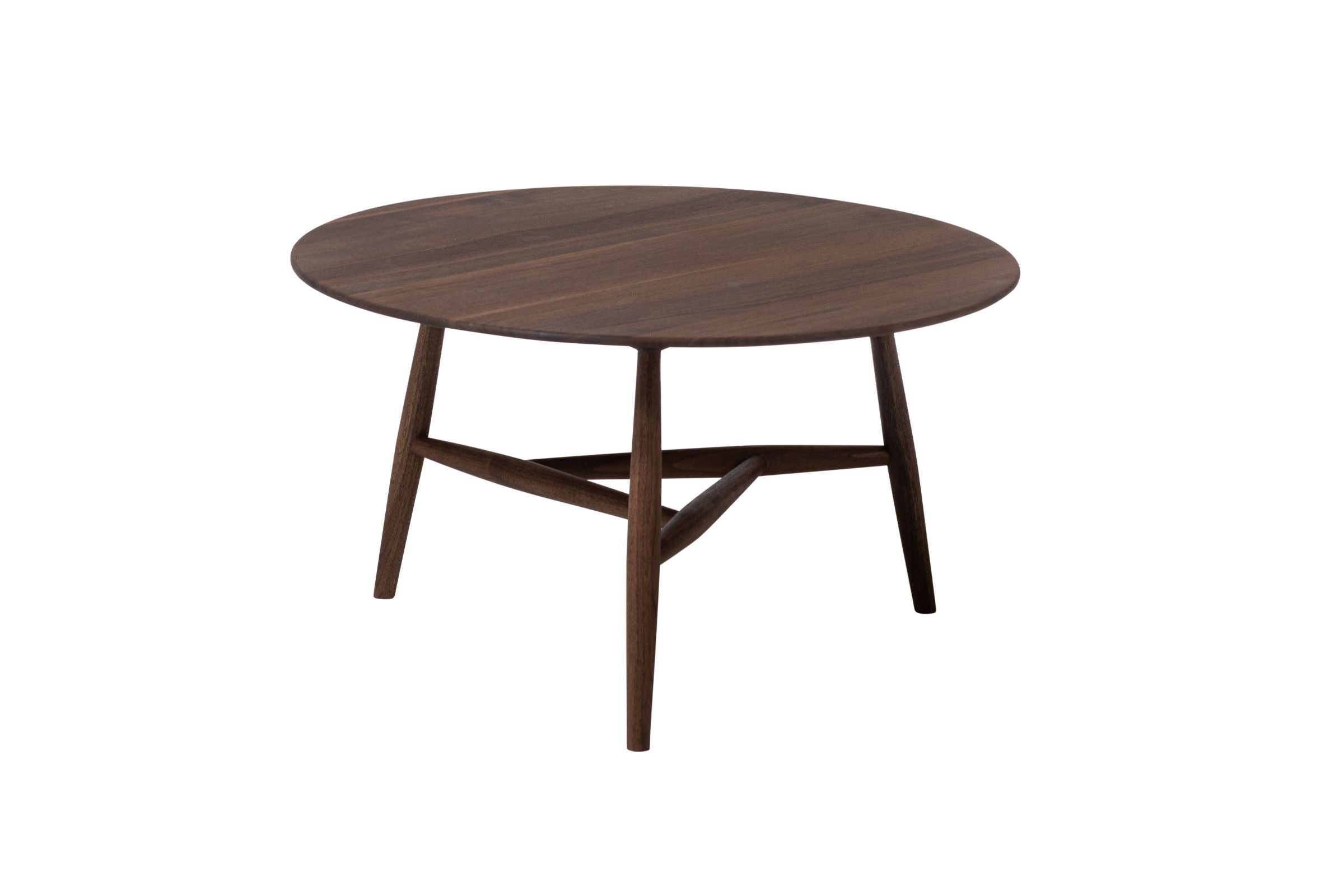 Runder TRIA Couchtisch aus Nussbaum von Woak, mit einer glatten Tischplatte und einem einzigartigen, kreuzweise verlaufenden Beinuntergestell