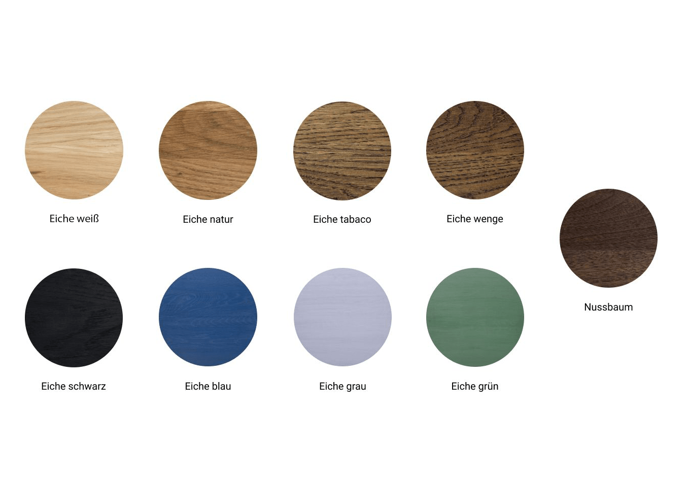 Holzmuster in verschiedenen Farben: Eiche weiß, Eiche natur, Eiche tabaco, Eiche wenge, Nussbaum, Eiche schwarz, Eiche blau, Eiche grau und Eiche grün