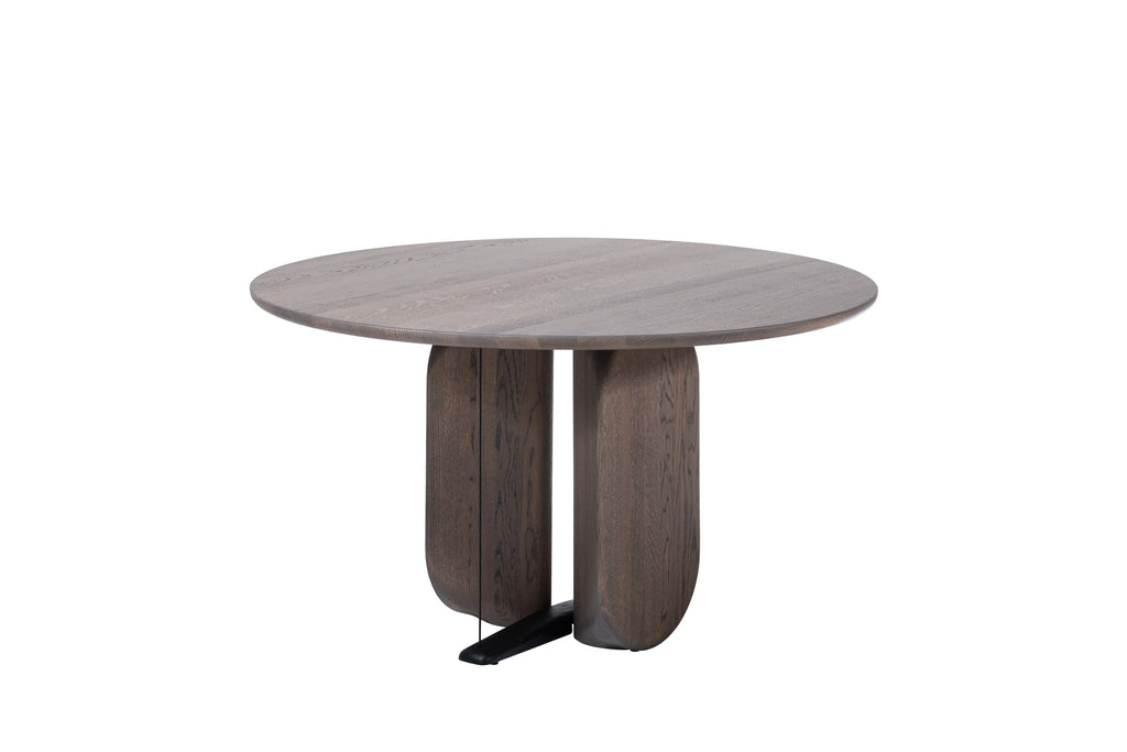 Wherry runder Esstisch aus dunkelbraunem Holz mit einer schwarzen Metallstütze am Boden.