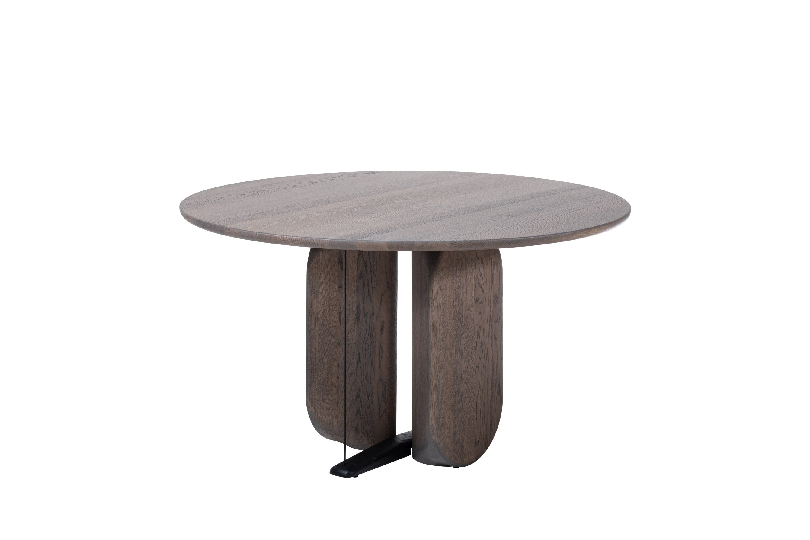 Wherry runder Esstisch aus dunkelbraunem Holz mit einer schwarzen Metallstütze am Boden.