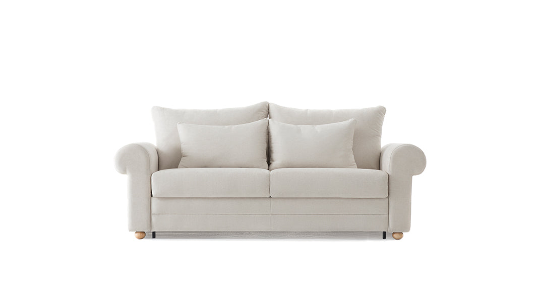 FAIRY Designer Schlafsofa mit hellen Holzfüßen und klassischem Design – Frontalansicht
