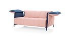 RONDO Designer Schlafsofa mit hochgeklappten Kissen – modernes Funktionsdesign in Rosa und Blau