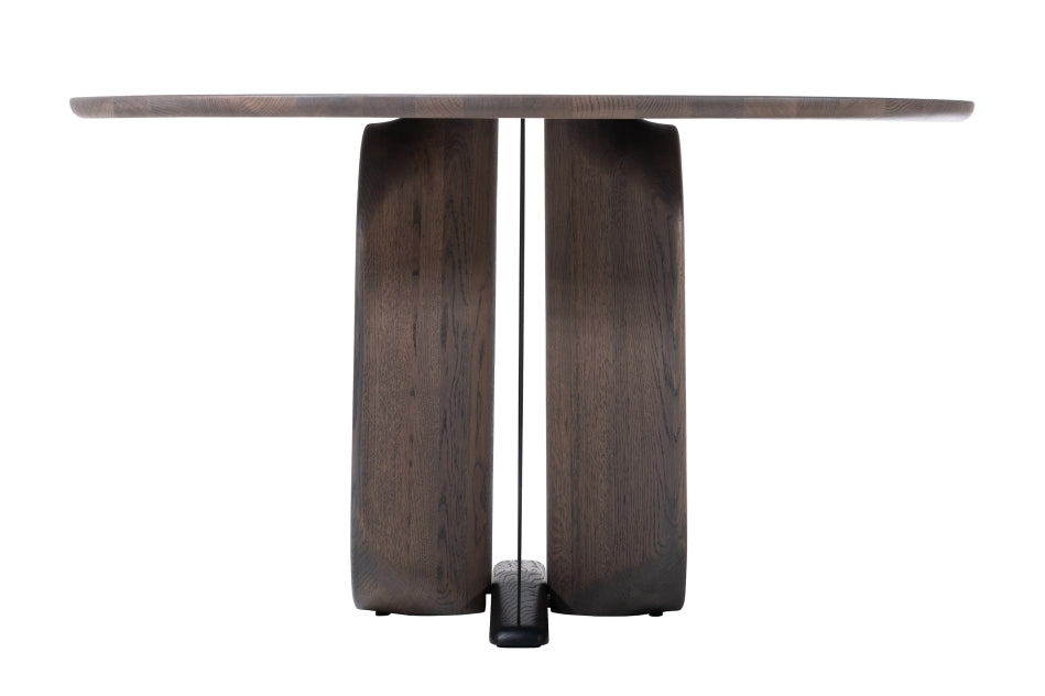 Runder Esstisch aus dunklem Holz mit massivem Standfuß und Metallhalterungen